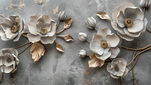 Volumetric floral arrangements on an old concrete wall with gold elements. photo
