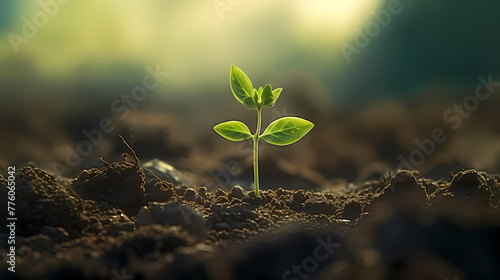 Sunlit Growth: Close-Up of Young Green Tree Sprout Emerging from Black Soil, spring concept, enviroment concept