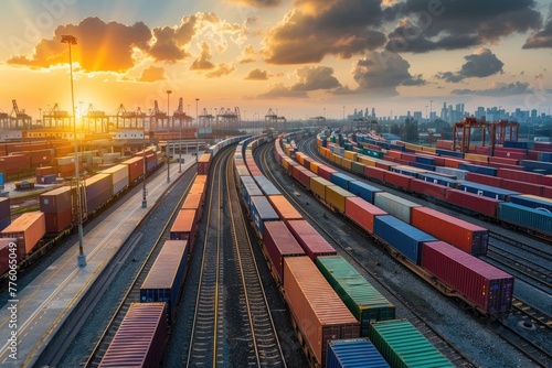Sunset rays casting over a busy cargo train yard with colorful containers, showcasing urban transportation and logistics.