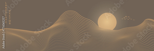 Vector abstract art landscape mountain with birds and sunrise sunset by golden line art texture isolated on dark grey black background. Minimal luxury style for wallpaper, wall art decoration.