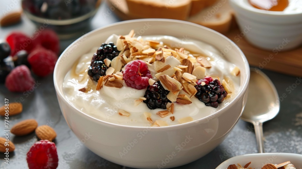Bowl of Greek yogurt with assorted toppings including sliced almonds, honey and mixed berries Bowl of Greek yogurt with assorted toppings including sliced almonds, honey and mixed berries