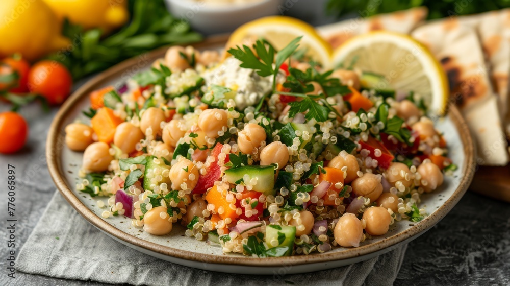 Bowl of quinoa salad with mixed vegetables, chickpeas and lemon-tahini dressing Bowl of quinoa salad with mixed vegetables, chickpeas and lemon-tahini dressing