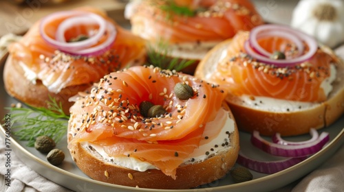 Plate of smoked salmon and cream cheese on a whole grain bagel