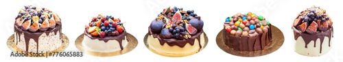 Delicious cake with figs dipped into melted chocolate, pecan nuts, grapes, chocolate bites and cookies on the top on rustic background