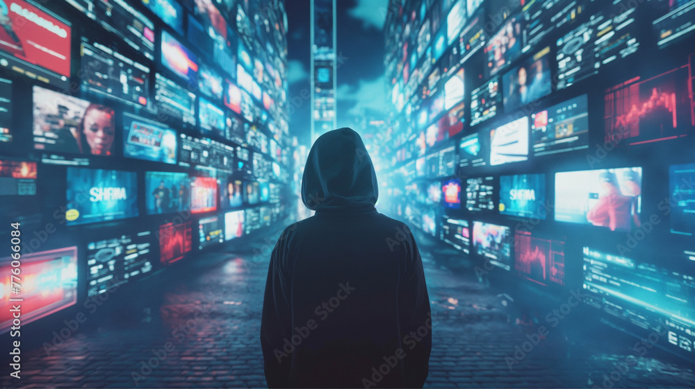 Contents concept. Social networking. Streaming video. NFT. Fungible tokens. Man in hoodie in virtual reality, technology concept Contents concept. Social networking. Streaming video. NFT. Fungible tokens. Man in hoodie in virtual reality, technology concept