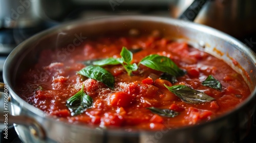 Homemade marinara sauce simmering in a saucepan with fresh tomatoes, garlic and basil