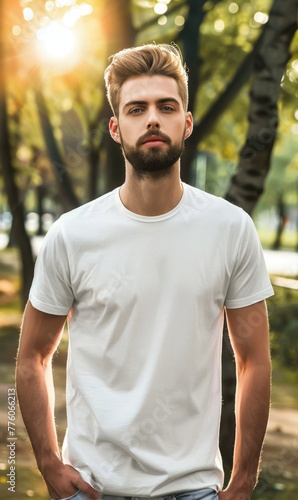 Light-skinned male model with beard posing confidently in the park, wearing a simple white canvas t-shirt mockup