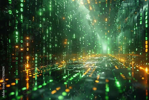 green numerical code descends through a limitless digital realm, resembling a captivating data stream. This image evokes concepts of technology, information flow, cybersecurity, and digital privacy