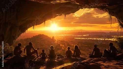 Group of cavemen sitting on a large rock, rear view