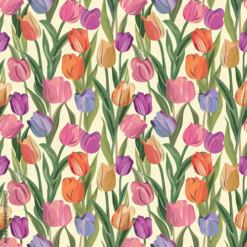  Seamless pattern of stylized tulips in pastel shades with dense  overlapping foliage on a light background.