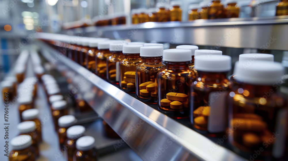 A conveyor belt is filled with bottles of pills A conveyor belt is filled with bottles of pills