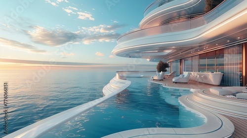 Luxurious cruise ship deck with pools, bars, and ocean views, leisure and travel theme , sci-fi tone photo