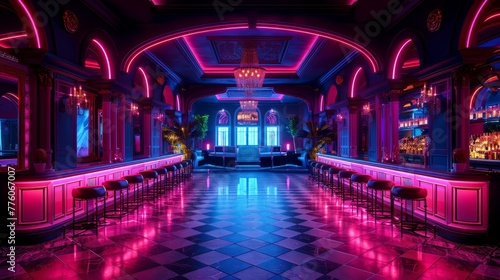 A Night club with colorful lights where people come to dance, have fun, and enjoy drinks.