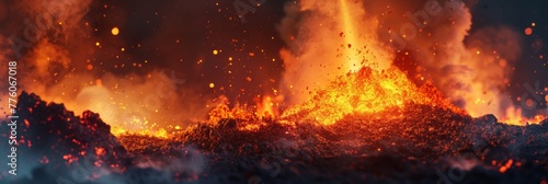 Lava erupts from a volcano crater, fiery reds and oranges light up the night sky