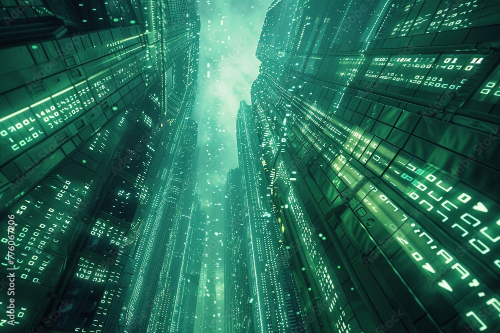 Fototapeta premium A dynamic digital landscape unfolds with cascading green numerical codes in a matrix-like formation. This image represents the ever-flowing nature of data