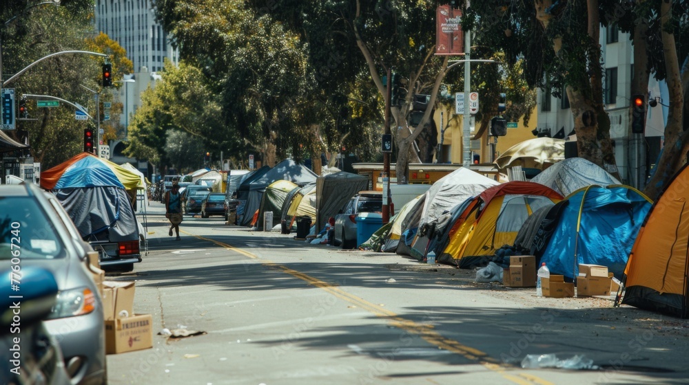 Homeless tent camp set up along a busy urban street, with makeshift tents and shelters made from tarps and cardboard - obrazy, fototapety, plakaty 