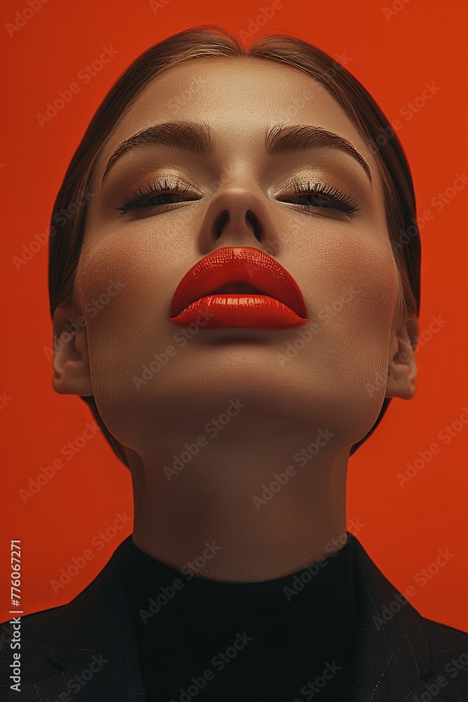 Close-up portrait of an elegant woman with shiny makeup and red lipstick, wearing a classic suit against an orange background. Close-up portrait of an elegant woman with shiny makeup and red lipstick, wearing a classic suit against an orange background.