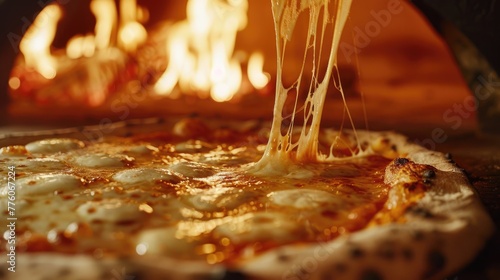 A melting cheese moment on a classic pizza captured in the warm light of a wood-fired oven