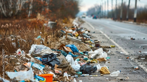 Pile of garbage and litter strewn along the roadside near a homeless encampment. © AlfaSmart