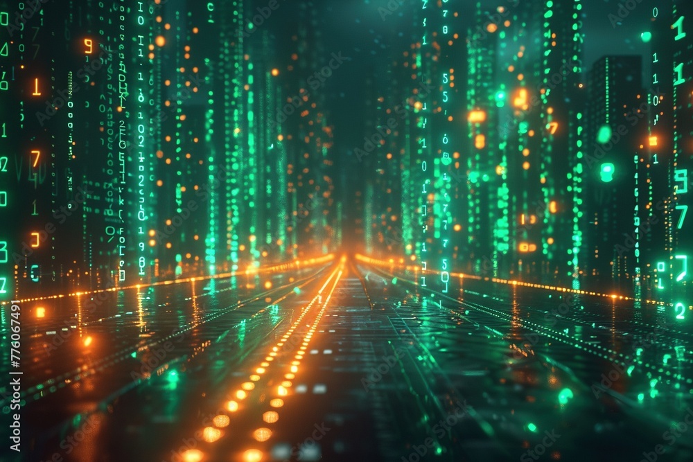 A dynamic digital landscape unfolds with cascading green numerical codes in a matrix-like formation. This image represents the ever-flowing nature of data A dynamic digital landscape unfolds with cascading green numerical codes in a matrix-like formation. This image represents the ever-flowing nature of data