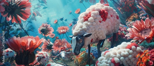 A whimsical scene of sheep with polka-dotted wool playing in a field of giant flowers