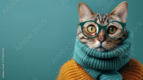 Close-up of a cute little kitten clad in a cozy green sweater against a teal colored background. photo