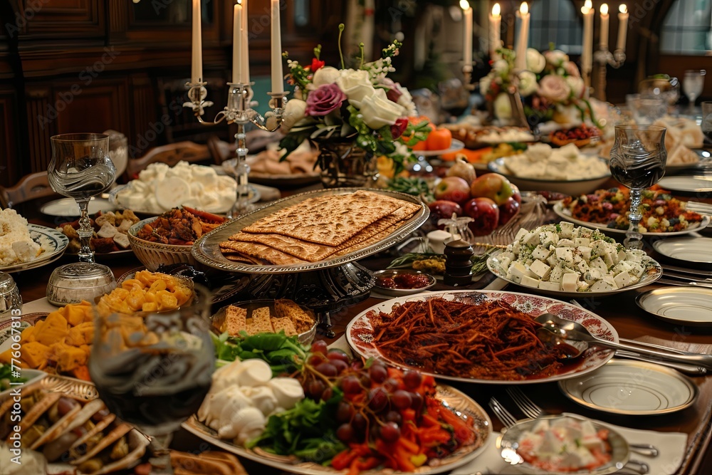 a Matzah Mansion Meal a lavish Passover feast where the table is adorned with traditional foods. Matzah takes center stage, surrounded by dishes such as charoset, maror, and gefilte fish