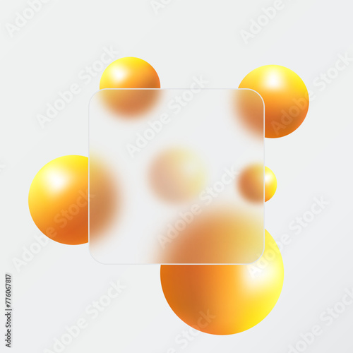Glass morphism landing page with square frame. Illustration with blurry floating orange spheres.