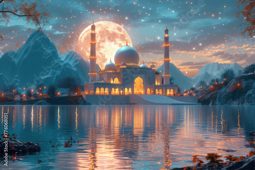 A beautiful mosque with glowing lights on the mountains, there is an epic view of moon and stars reflected in water. Created with Ai