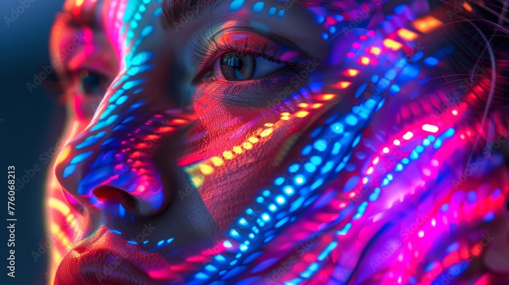 Face that transforms into a stunning abstract masterpiece, illuminated by a vibrant display of light.
