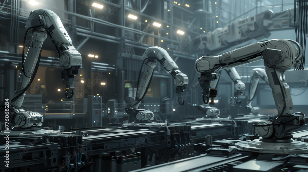 A futuristic factory with robots working on assembly lines. The robots are all different sizes and are spread out throughout the factory. Scene is one of efficiency and productivity
