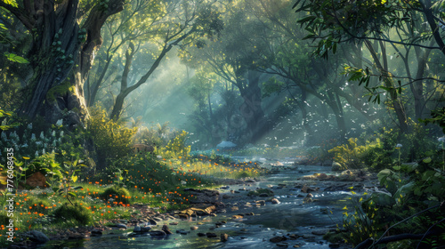 concept art of an enchanted forest  sun rays shining through the trees  colorful flowers and grass on ground  highly detailed  intricate details  high resolution  high definition  cinematic lighting