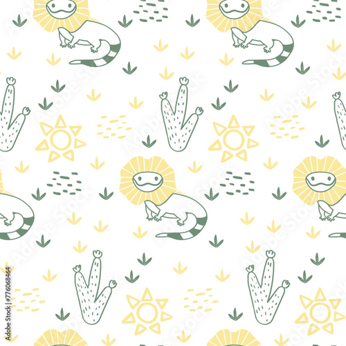 Vector sticker pattern with lizard.Tropical jungle cartoon creatures.Pastel animals background.Cute natural pattern for fabric, childrens clothing,textiles,wrapping paper. © Оксана Омельченко