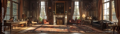 Victorian mansion with detailed interior rooms, period furniture, and gothic elements , hyper realistic photography