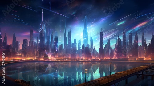 Futuristic city panorama with illuminated skyscrapers at night