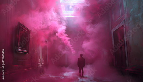 A man in a dark room with violet smoke seeping from the ceiling © Nadtochiy