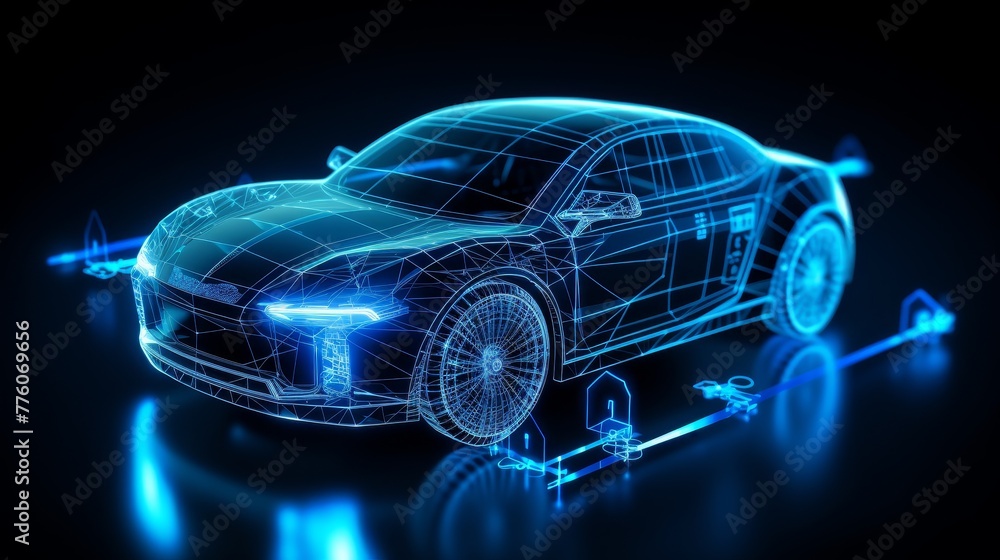 Digital Car Wireframe - Autonomous Driving Technology . Digital Car Wireframe - Autonomous Driving Technology .