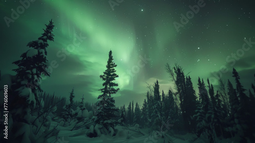 A breathtaking view of the Northern Lights over snow-covered mountains, with trees and city lights reflecting in an icy river below. The sky is filled with stars and vibrant green aurora borealis colo photo
