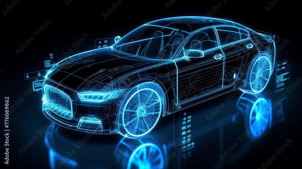 Digital Car Wireframe - Autonomous Driving Technology . Digital Car Wireframe - Autonomous Driving Technology .