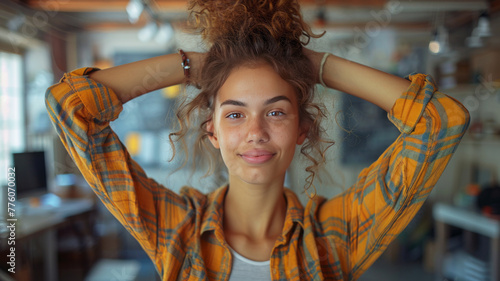 Portrait of a young woman screeming with a funny face, casual clothes , Holds hairs up, in business environment,generative ai photo