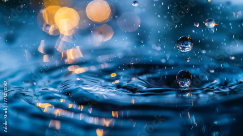 A macro shot of raindrops creating ripples on the surface, with bokeh lights in the background, creating an ethereal and dreamy atmosphere.