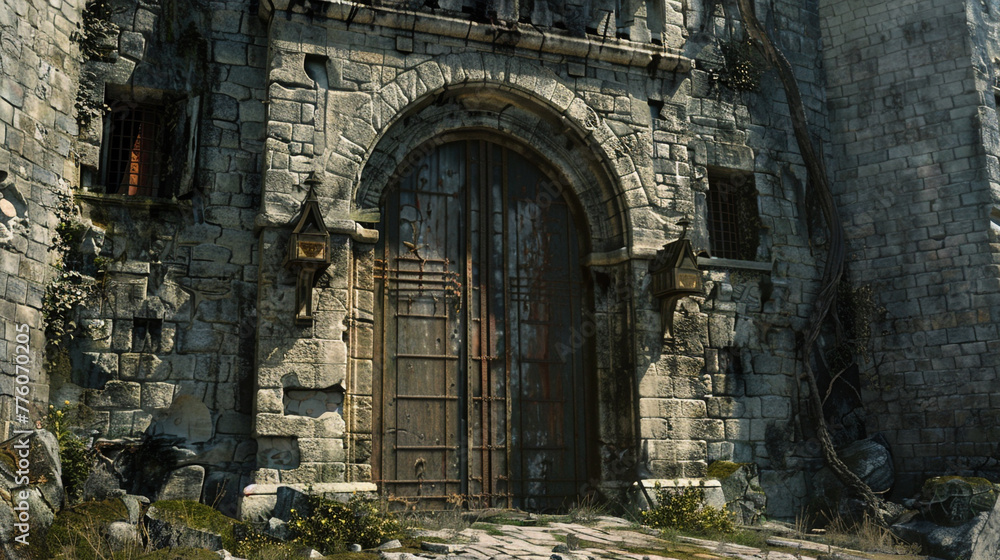 A giant stone door at the entrance to the castle's majestic keep, worn smooth by decades of use, stands as a silent sentinel guarding the riches within, caught in astonishing HD clarity.