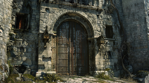 A giant stone door at the entrance to the castle's majestic keep, worn smooth by decades of use, stands as a silent sentinel guarding the riches within, caught in astonishing HD clarity. © muhammad