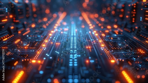 Concept of quantum computer. A beam of digital signal passes through qubits in a core optical processor. Future hardware technology for quantum computing.