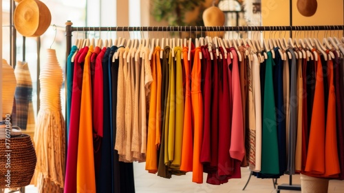Display of Stylish Women's Fashion Items on Racks in a Colorful Boutique Shop 