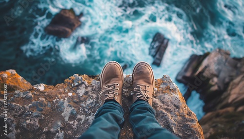 Overcoming Fear. Macro Shot of Feet on Cliff Edge Above Vast Sea photo