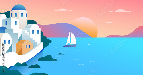 Summer and Travel concept design. Greece island landscape, panoramic view. Beautiful nature with beach and sun light, abstract background with copy space. Vector illustration