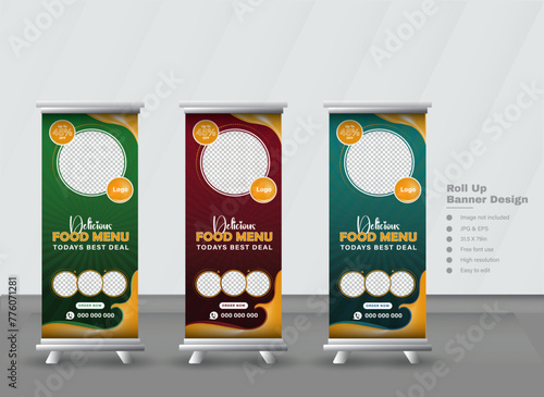 Fast food restaurant business marketing roll up or x banner template design with abstract background, logo and social media icon. Pizza, burger & healthy food sale web banner, rack card or flyer 