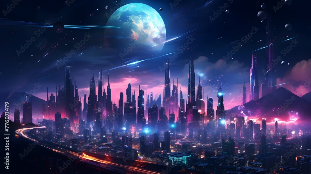 Futuristic city at night with full moon, 3d illustration