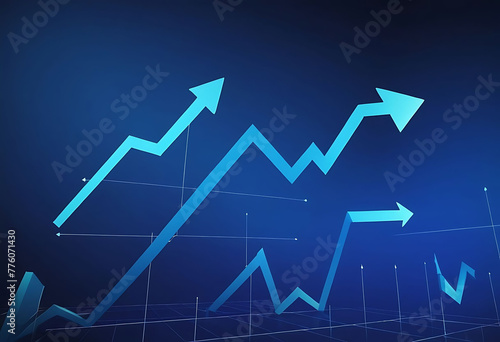 Digital growth graph chart with up arrow on technology blue background. Business and financial concept. Stock market and investment symbol. Low poly wireframe vector illustration in futuristic style